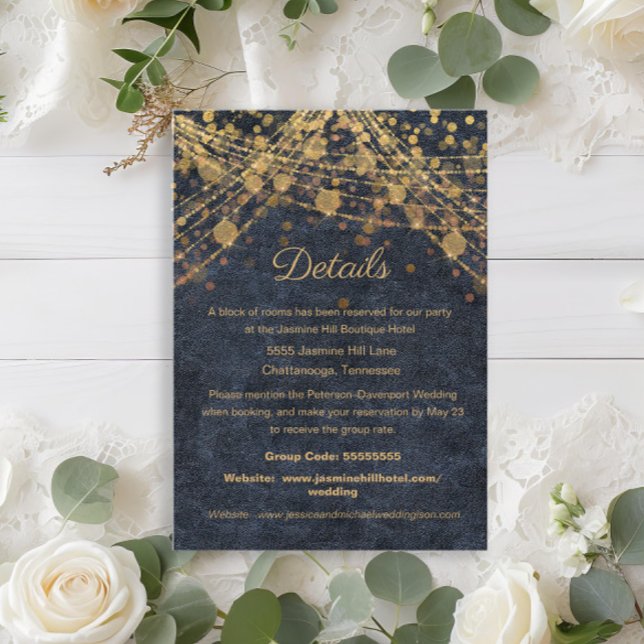 Rustic Chic Blue Gold Wedding Details Enclosure Card (Rustic chic navy blue and gold string lights wedding Details enclosure card)