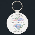 Rustic Chic Blush Pink Blue Floral Personalized Key Ring<br><div class="desc">Rustic chic blush pink and blue flowers are surrounded by green leaves and vines. The bridesmaid's name divides the roses in half. The bride's name and wedding is written in curved text above the roses bridesmaid is written in curved text below. This keychain is part of the Joyeux collection. You'll...</div>