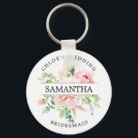 Rustic Chic Blush Pink Peony Floral Personalised Key Ring<br><div class="desc">Rustic chic blush pink peonies are surrounded by green leaves and vines. The bridesmaid's name divides the roses in half. The bride's name and wedding is written in curved text above the roses bridesmaid is written in curved text below. This keychain is part of the Rustic Pink Peony collection. You'll...</div>