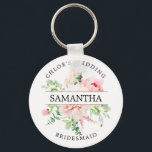 Rustic Chic Blush Pink Peony Floral Personalised Key Ring<br><div class="desc">Rustic chic blush pink peonies are surrounded by green leaves and vines. The bridesmaid's name divides the roses in half. The bride's name and wedding is written in curved text above the roses bridesmaid is written in curved text below. This keychain is part of the Rustic Pink Peony collection. You'll...</div>