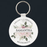 Rustic Chic Blush Pink Rose Floral Personalized Key Ring<br><div class="desc">Rustic chic blush pink and white roses are surrounded by green leaves and vines. The bridesmaid's name divides the roses in half. The bride's name and wedding is written in curved text above the roses bridesmaid is written in curved text below. This keychain is part of the Barely Blush Rose...</div>