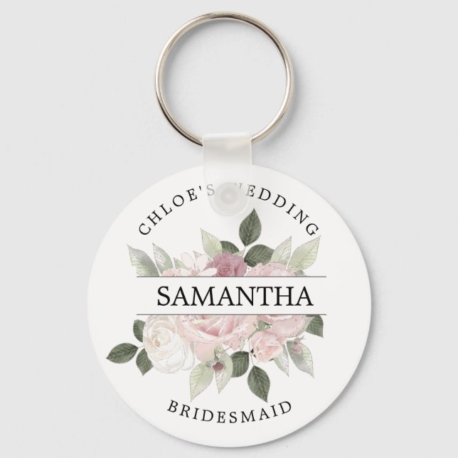 Rustic Chic Blush Pink Rose Floral Personalized Key Ring (Front)
