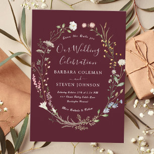 Rustic Chic Boho Wildflower Burgundy Wedding Invitation