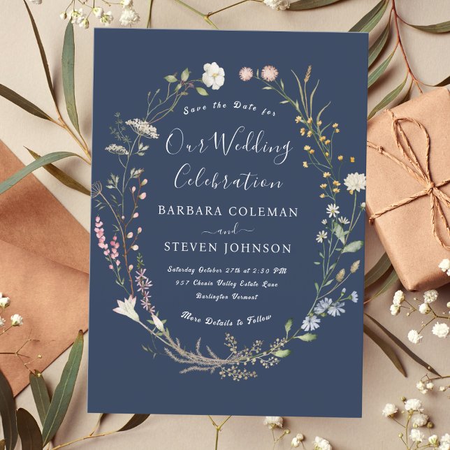 Rustic Chic Boho Wildflower Navy Blue Wedding Invitation (Creator Uploaded)