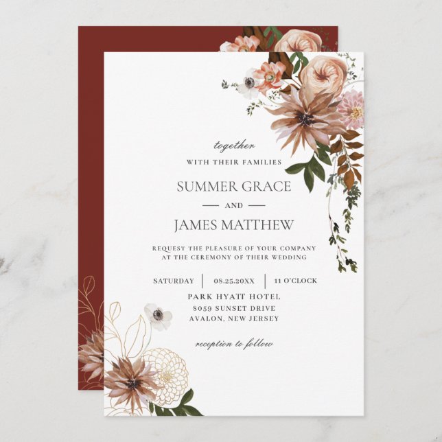 Rustic Chic Brown Cream Blush Ivory Fall Wedding  Invitation (Front/Back)