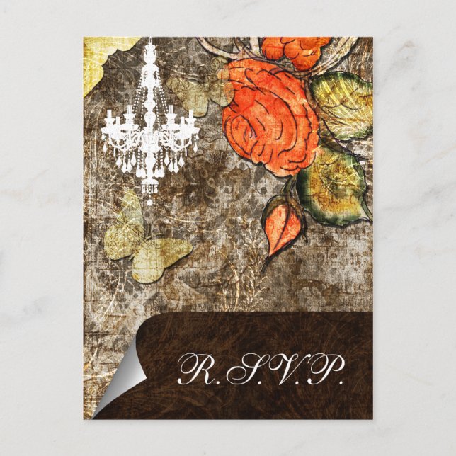 Rustic Chic Brown Vintage Rose Wedding Invitation Postcard (Front)