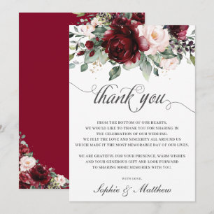 Rustic Chic Burgundy Blush Floral Wedding Bridal Thank You Card