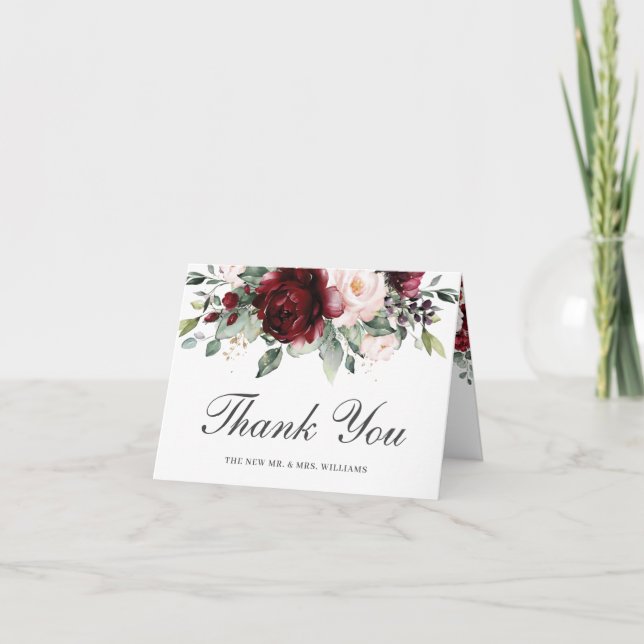Rustic Chic Burgundy Blush Floral Wedding Bridal  Thank You Card (Front)
