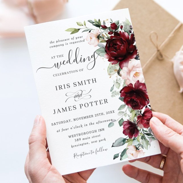 Rustic Chic Burgundy Blush Pink Floral Wedding Invitation (Creator Uploaded)