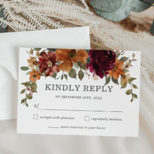 Rustic Chic Burgundy Burnt Orange Floral Wedding RSVP Card