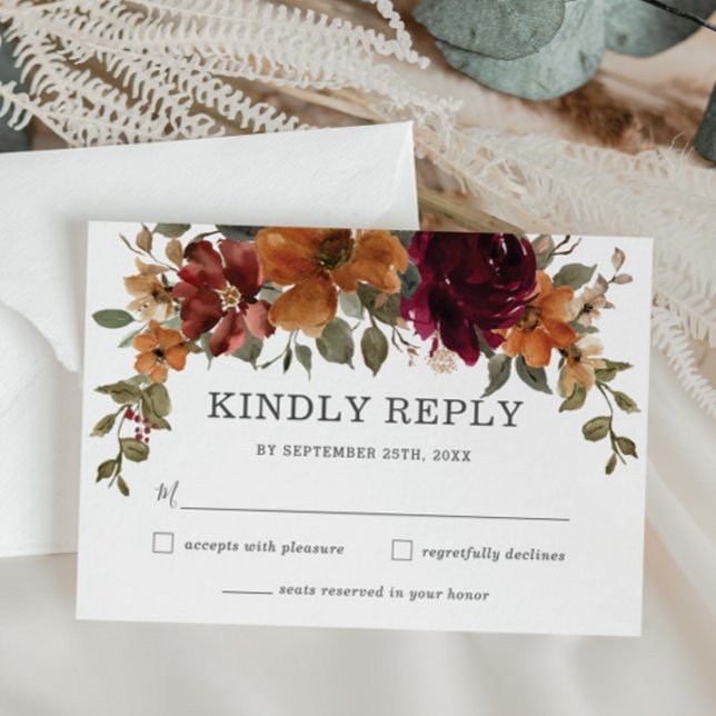 Rustic Chic Burgundy Burnt Orange Floral Wedding RSVP Card (rustic-elegant-burgundy-burnt-orange-floral-flowers-autumn-fall-wedding-rsvp-reply-response-cards)