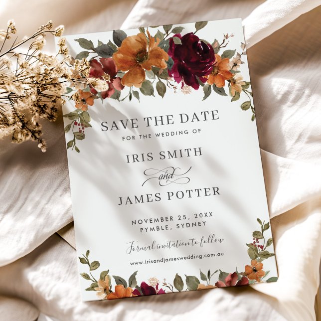 Rustic Chic Burgundy Burnt Orange Floral Wedding Save The Date (rustic-elegant-burgundy-burnt-orange-floral-autumn-fall-wedding-save-the-date-cards-printed-digital)
