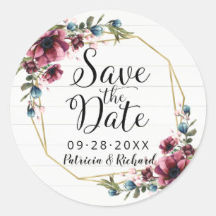 Rustic Chic Burgundy Floral Save The Date Classic  Round Sticker