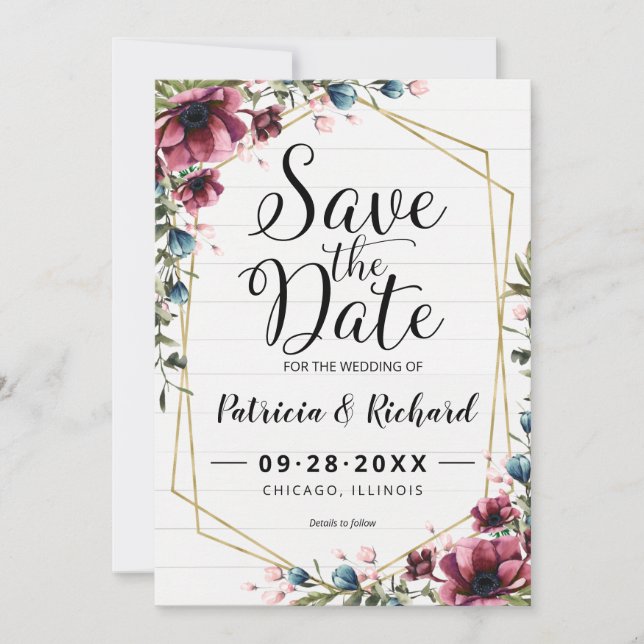 Rustic Chic Burgundy Floral Wedding Save The Date (Front)