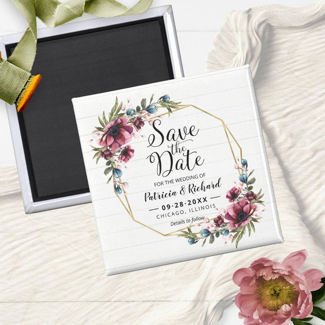 Rustic Chic Burgundy Floral Wedding Save The Date Magnet (Creator Uploaded)