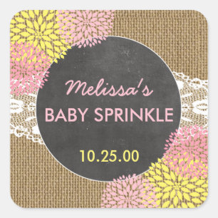 Rustic Chic burlap pink yellow baby sprinkle favou Square Sticker