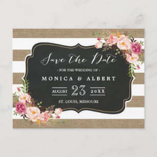 Rustic Chic Burlap Stripes Floral Save the Date Announcement Postcard