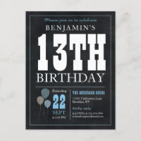 Rustic Chic Chalkboard Blue Balloon 13th Birthday 
