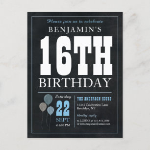 Rustic Chic Chalkboard Blue Balloon 16th Birthday  Postcard