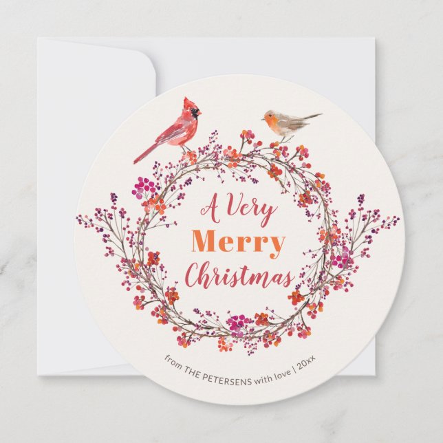 Rustic chic Christmas holly berry wreath modern Holiday Card (Front)