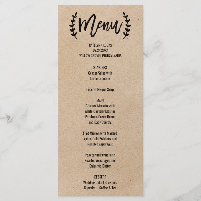 Rustic Chic Faux Kraft Calligraphy Menu Card (Front)