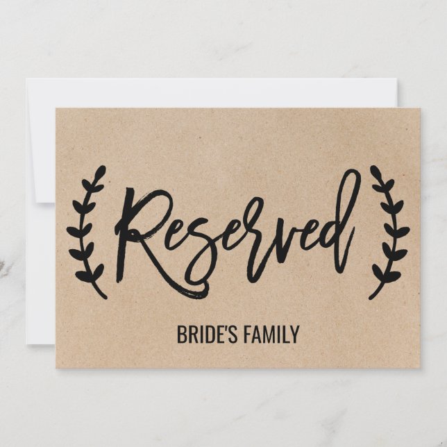 Rustic Chic Faux Kraft Calligraphy "Reserved" Sign Invitation (Front)