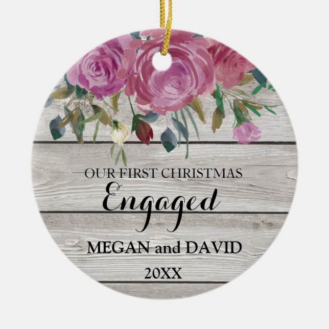 Rustic chic First Christmas Engaged or married Ceramic Tree Decoration (Front)