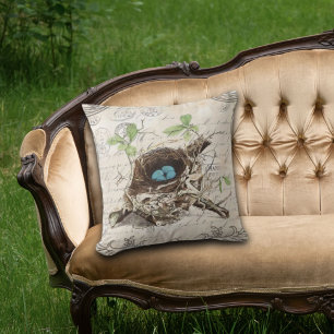 rustic chic french country botanical bird nest cushion