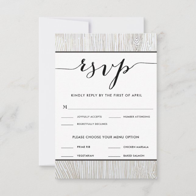 Rustic Chic Gold Wood Wedding RSVP Menu Choices (Front)