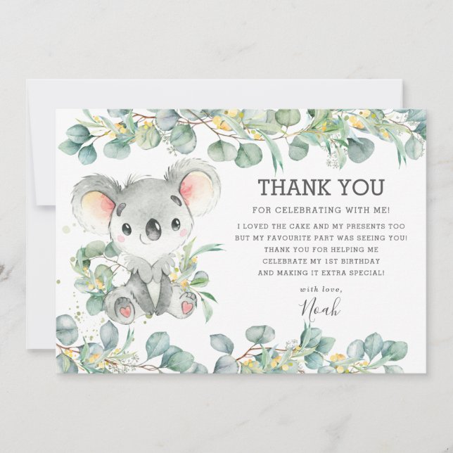 Rustic Chic Greenery Cute Koala 1st Birthday Boy Thank You Card (Front)