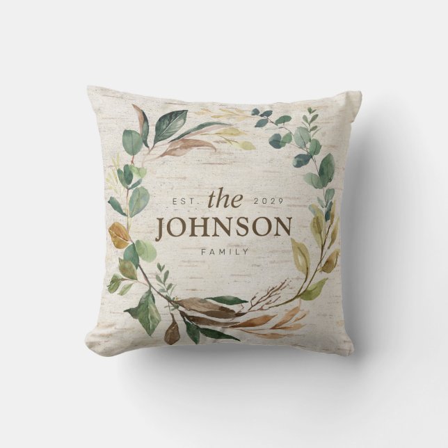 Rustic Chic Greenery Wreath Family Est. Monogram Cushion (Front)