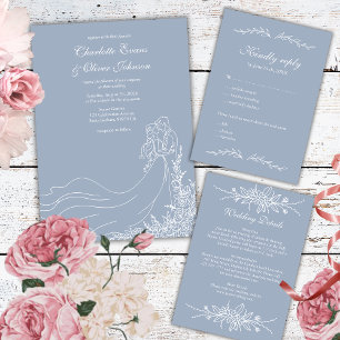 Rustic Chic Hand Drawn Couple Dusty Blue Wedding  Invitation