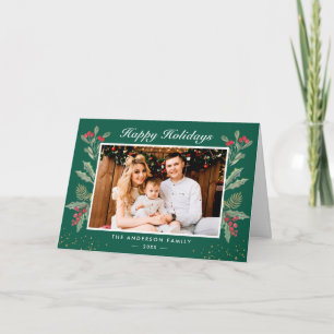Rustic Chic Holly Berries Happy Holidays Photo Holiday Card