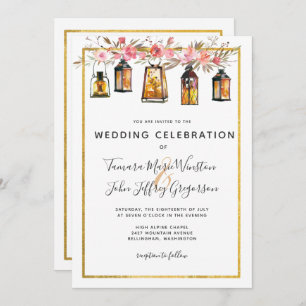 Rustic Chic Lanterns Rose Gold Floral Wedding Invitation