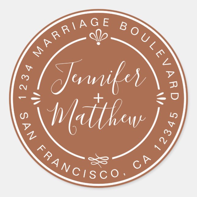 Rustic Chic Monogram Return Address TerraCotta Classic Round Sticker (Front)