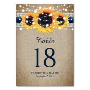 Rustic Chic Navy Blue Burlap Lace Sunflower Table Number