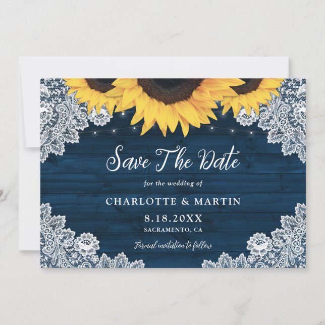 Rustic Chic Navy Blue Wood Lace Sunflower Wedding Save The Date (Front)