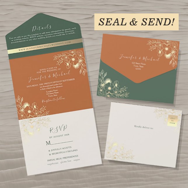 Rustic Chic Olive Green and Terracotta Wedding All In One Invitation (Creator Uploaded)
