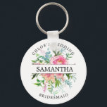 Rustic Chic Pink Peony Floral Personalised Key Ring<br><div class="desc">Rustic chic pink peonies are surrounded by green leaves and vines. The bridesmaid's name divides the peonies in half. The bride's name and wedding is written in curved text above the roses bridesmaid is written in curved text below. This keychain is part of the Pink Peony Wedding collection. You'll find...</div>