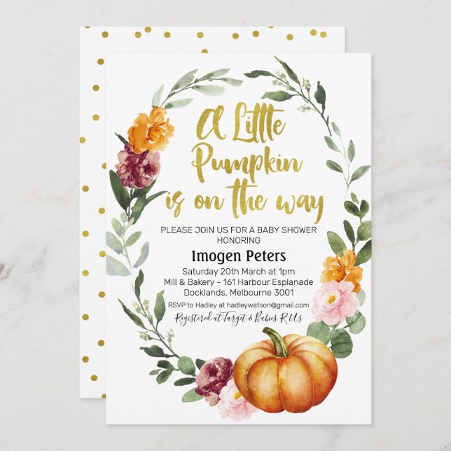 Rustic chic pumpkin floral baby shower invitation (Front/Back)