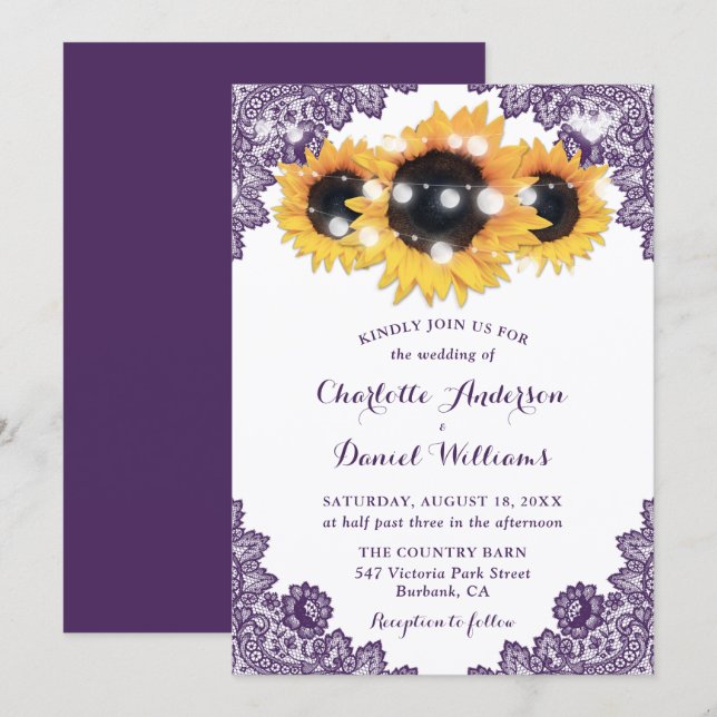 Rustic Chic Purple Lace Sunflower Wedding Invitation (Front/Back)