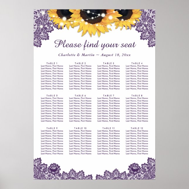 Rustic Chic Purple Sunflower Seating Chart 12 (Front)