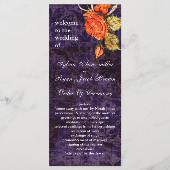 Rustic Chic Purple Vintage Rose Wedding Programme (Front)