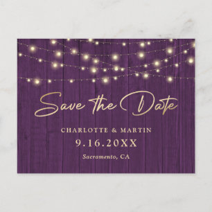 Rustic Chic Purple Wood Wedding Save The Date Announcement Postcard