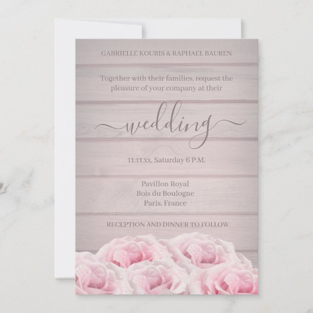 Rustic Chic Real Pink Roses Wood Plank Wedding Invitation (Front)