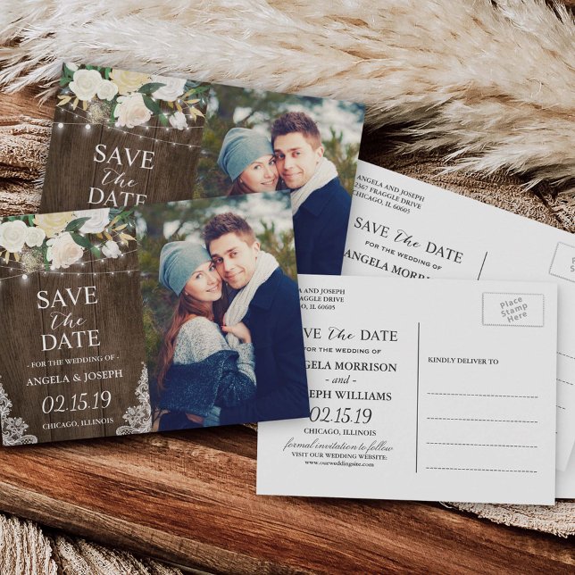 Rustic Chic Romantic Floral Save the Date Photo Announcement Postcard (Creator Uploaded)