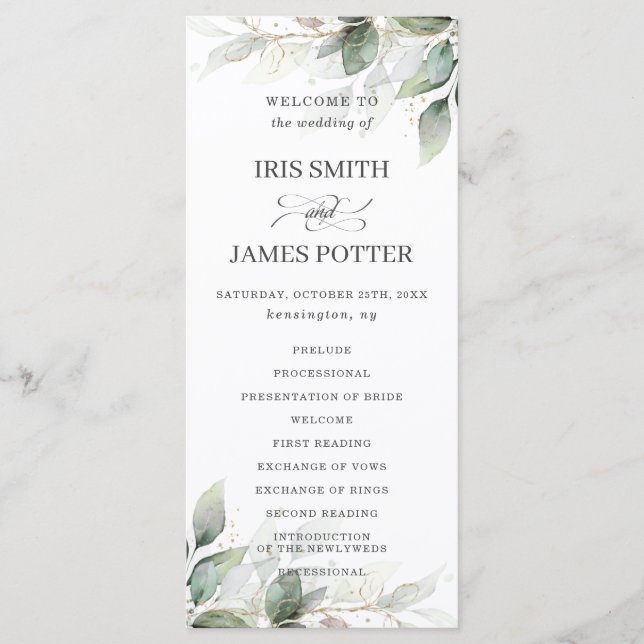 Rustic Chic Sage Greenery Gold Wedding Program Programme (Front)