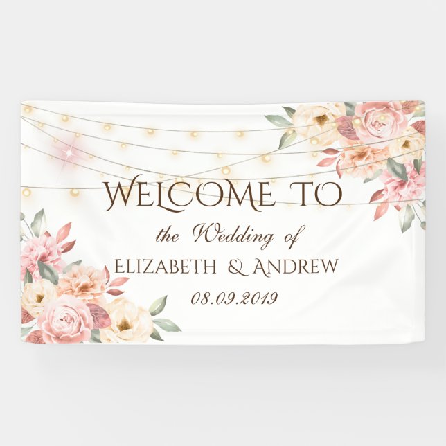 Rustic Chic String Lights Roses Wedding Banner (Horizontal)