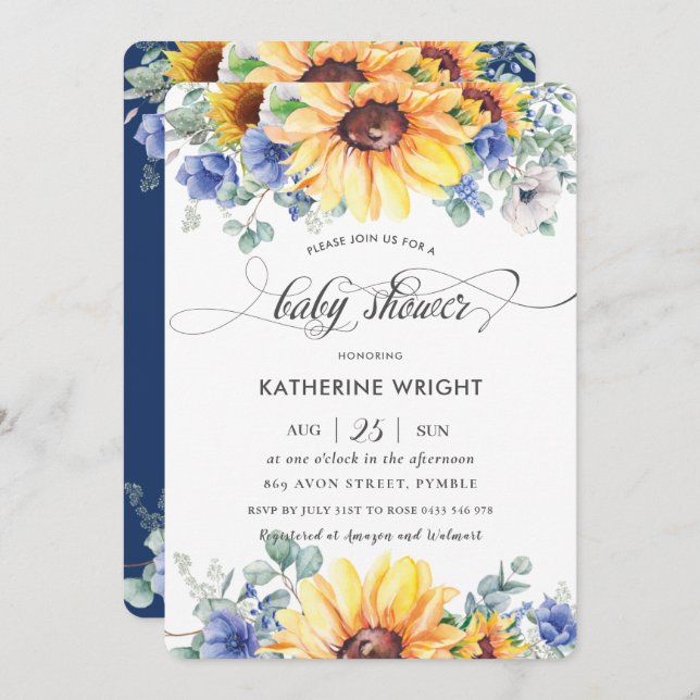 Rustic Chic Sunflower Blue Floral Baby Shower  Invitation (Front/Back)
