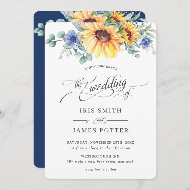 Rustic Chic Sunflower Blue Floral Wedding Invitation (Front/Back)